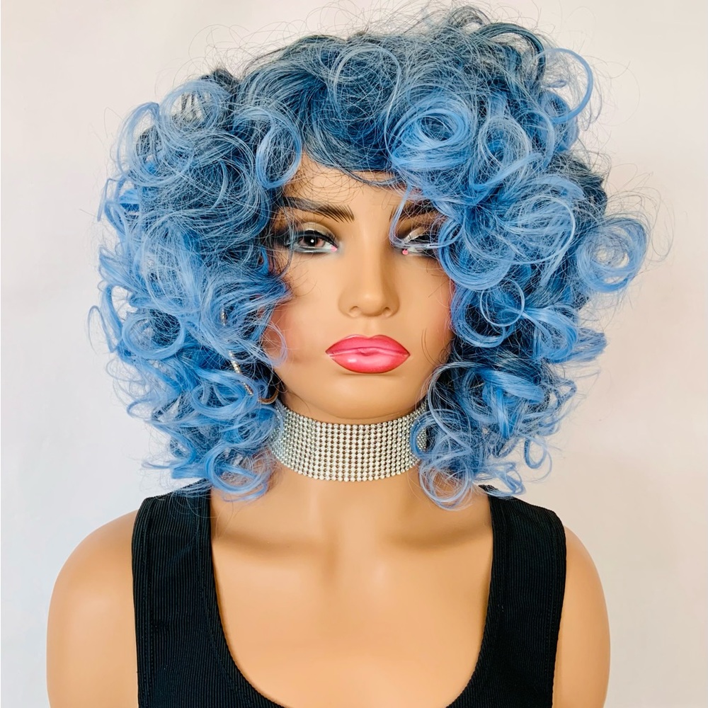 Very Pretty “Put On & Go” Black & Pale Blue Premium Fiber Curly Wig - Effortless